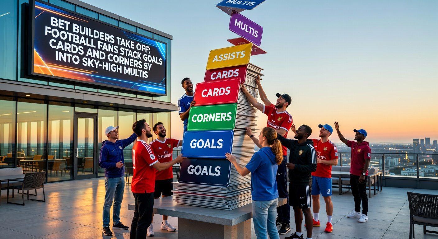 Digital bet builder interface on a mobile app displaying stacked selections for goals, yellow cards, and corners in a Premier League match