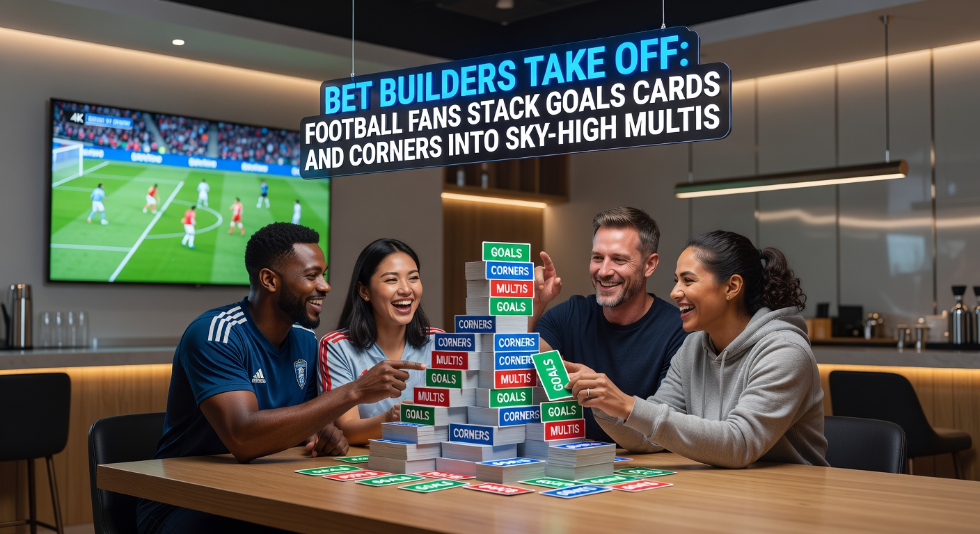 Excited football fans in a pub cheering a bet builder payout on screens showing live Premier League stats for goals, cards, and corners