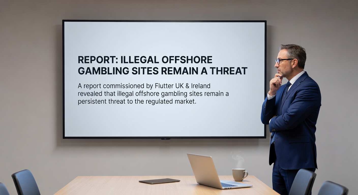 A shadowy figure at a laptop surrounded by casino icons and warning signs, representing the dangers of unlicensed online gambling networks