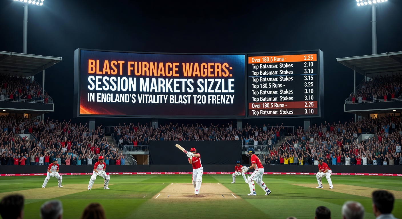 Explosive Vitality Blast T20 action at a packed English county ground, with digital betting overlays highlighting session run totals