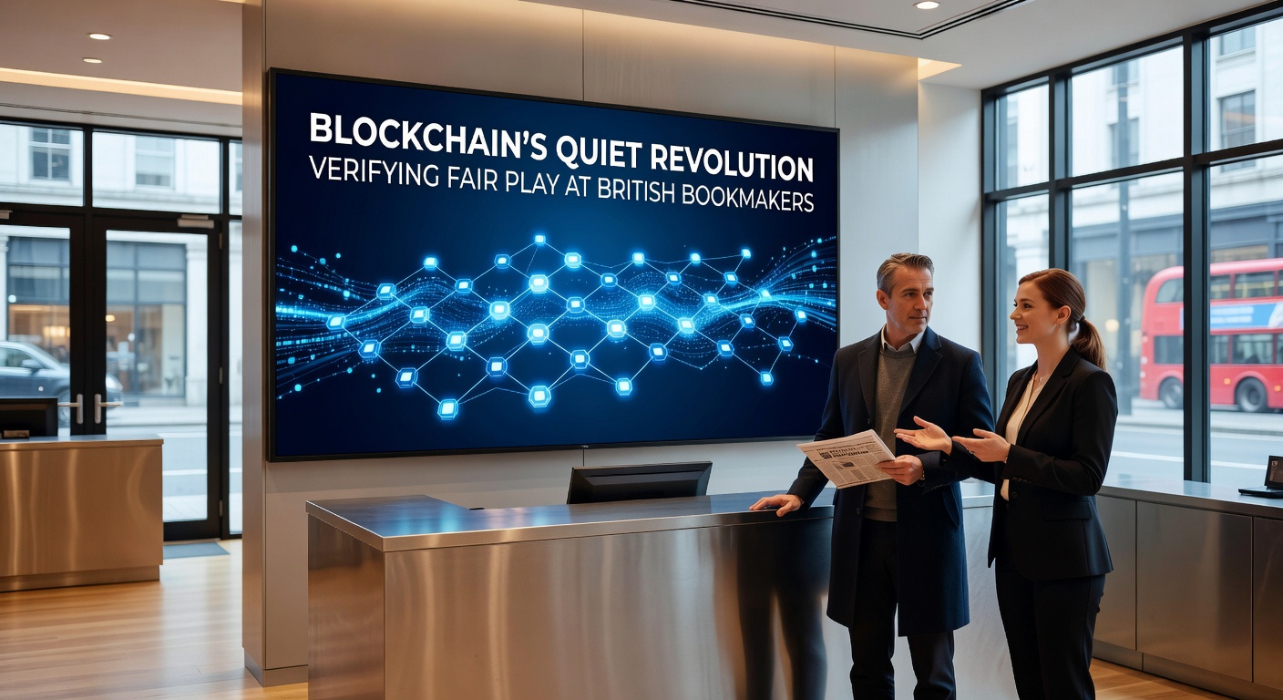 Blockchain technology interface displaying transparent betting transaction records and verification protocols used by British bookmakers