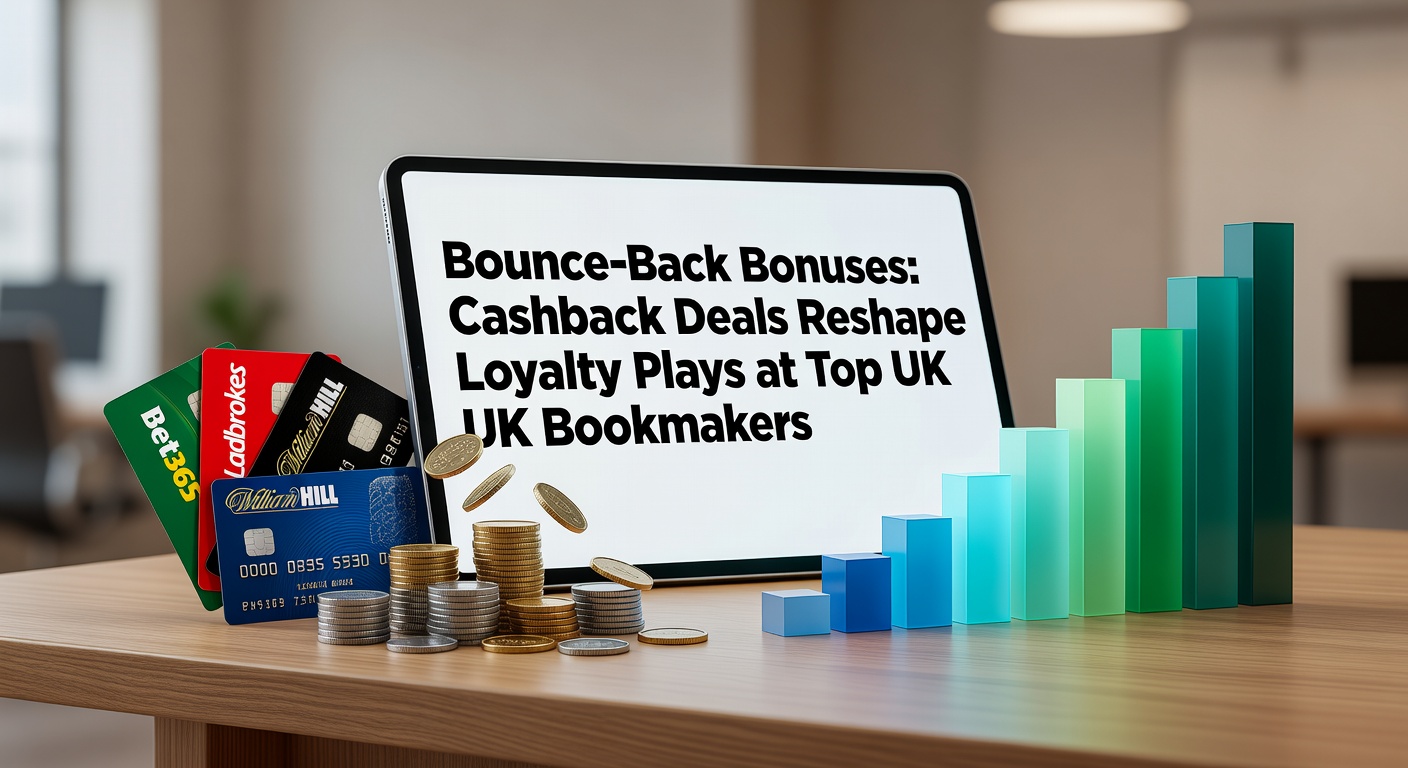 Graphic showing cashback icons and UK bookmaker logos with bouncing arrows symbolizing refunds on losing bets