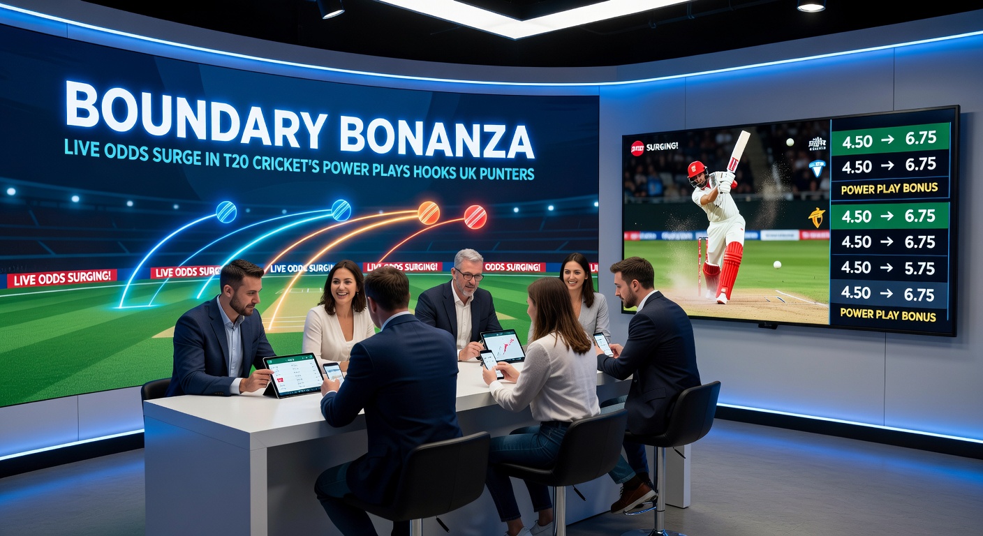 Explosive T20 cricket power play moment with a batter smashing a boundary amid cheering crowds and fielding restrictions