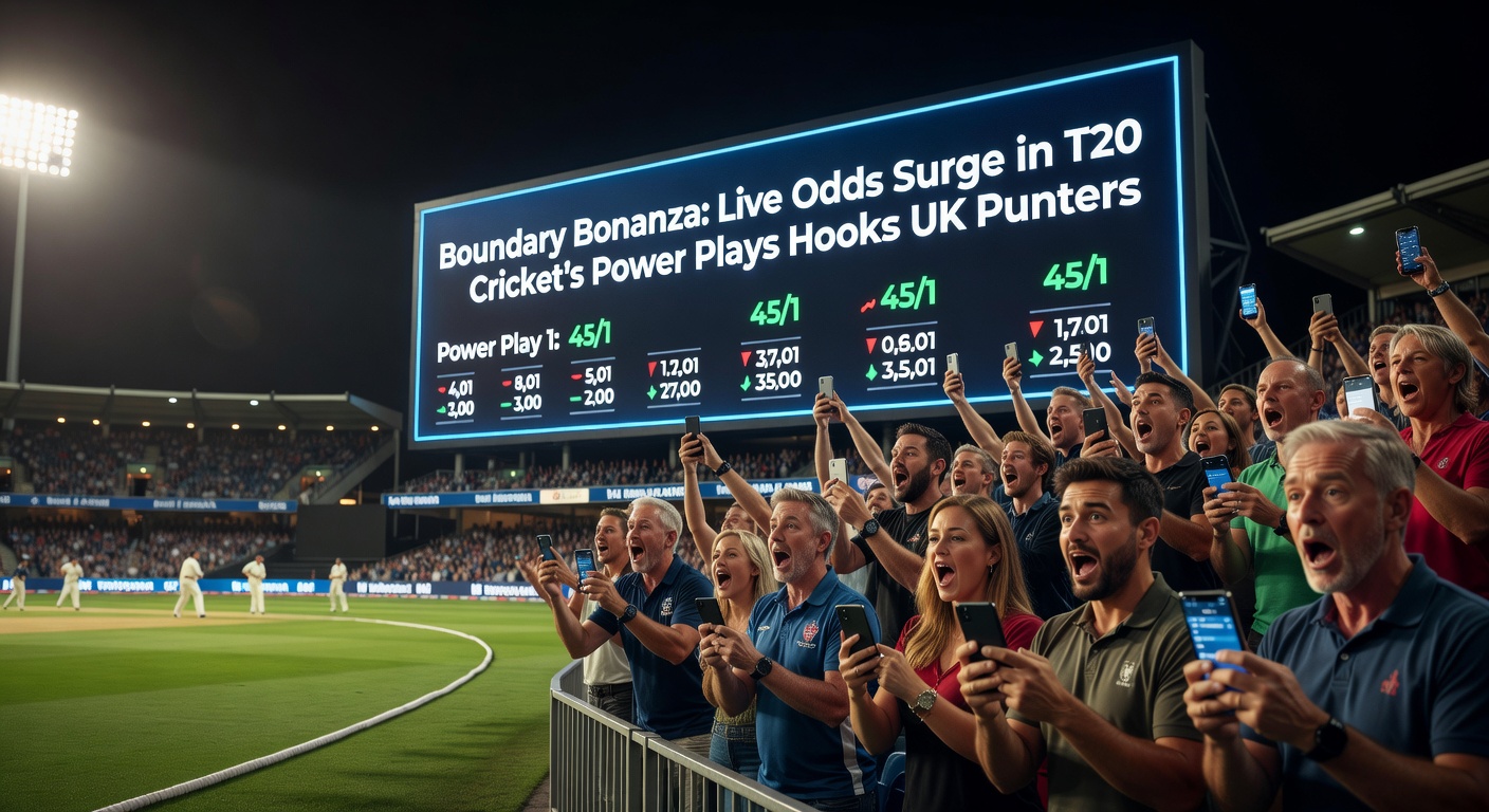 UK bettors on mobile devices tracking live T20 odds during a power play boundary fest, with IPL scoreboard in background