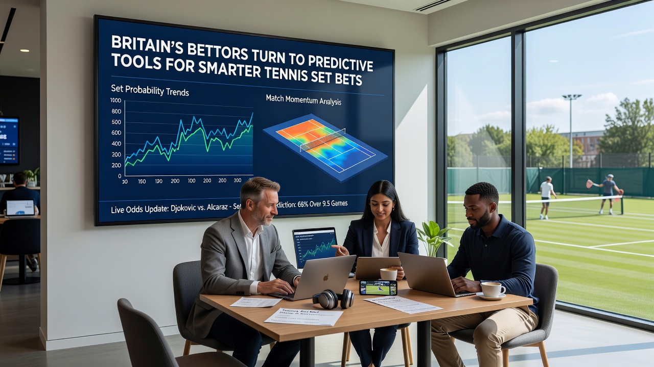 British bettors analyzing tennis statistics on digital devices during a major tournament