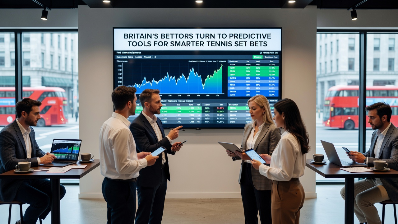 Close-up of a laptop screen displaying tennis prediction software and live match statistics