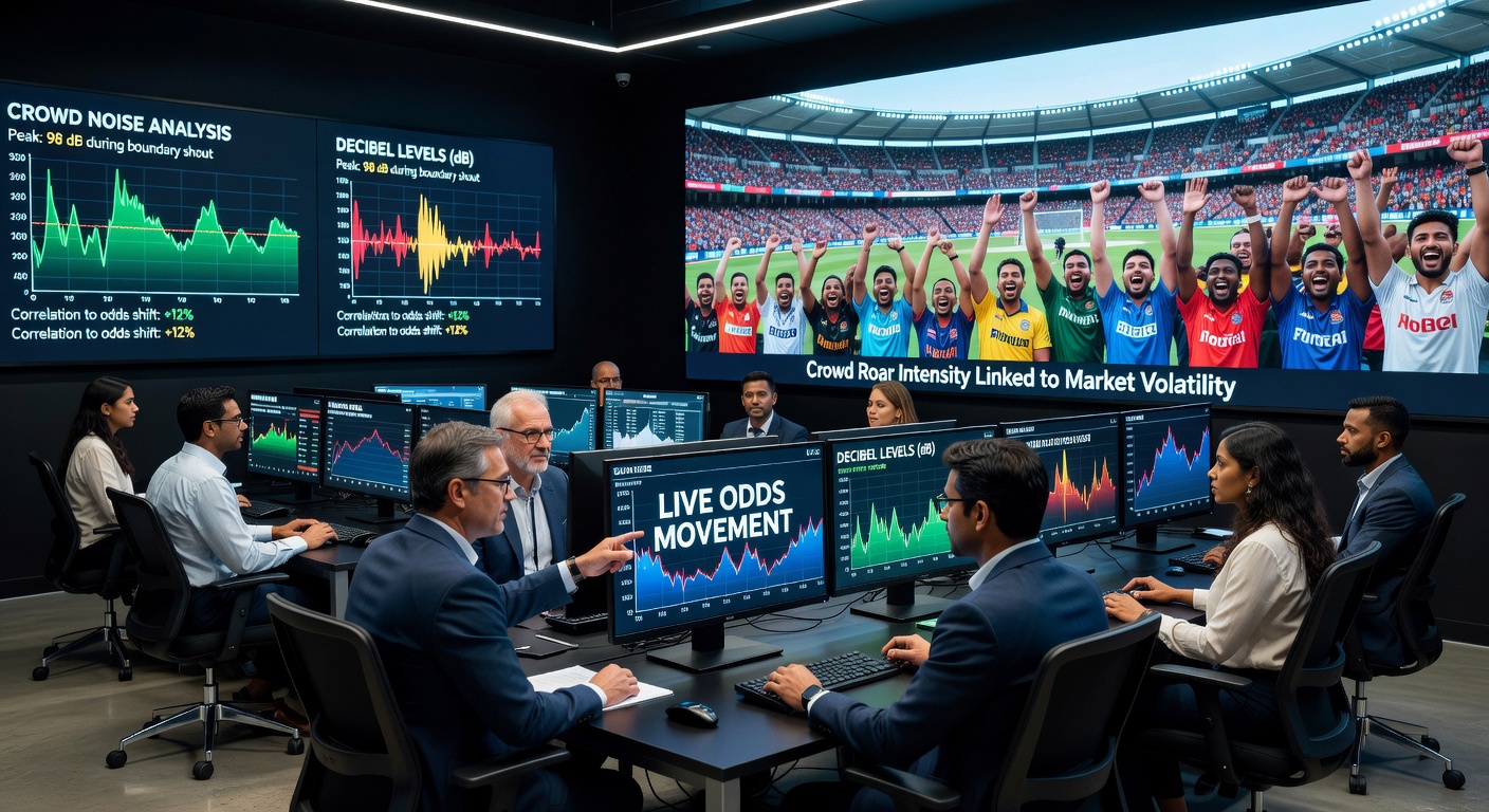 Bookmakers analyzing crowd noise data feeds during a live cricket match to adjust betting odds