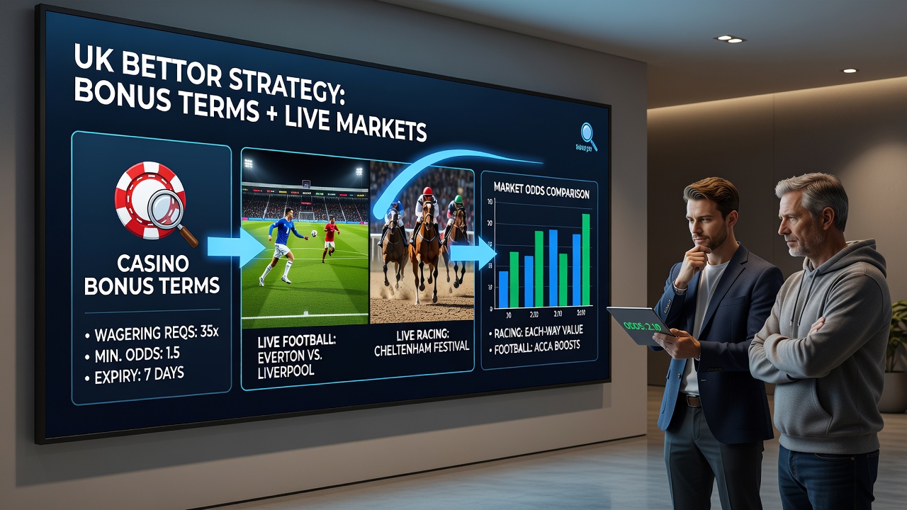 Bettors comparing live racing odds and football markets while checking casino bonus eligibility on tablets