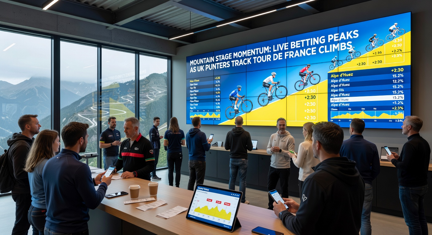 Close-up of intense cyclist sprinting toward mountain summit with live betting odds overlay and UK bookmaker app screenshot