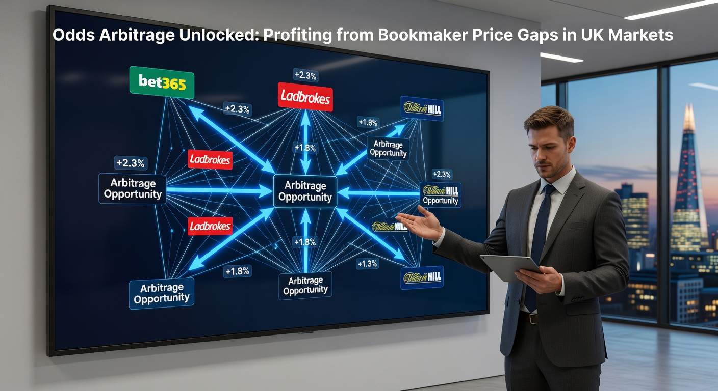 Digital dashboard displaying arbitrage opportunities across multiple UK bookmaker odds screens, highlighting price gaps in real-time football markets