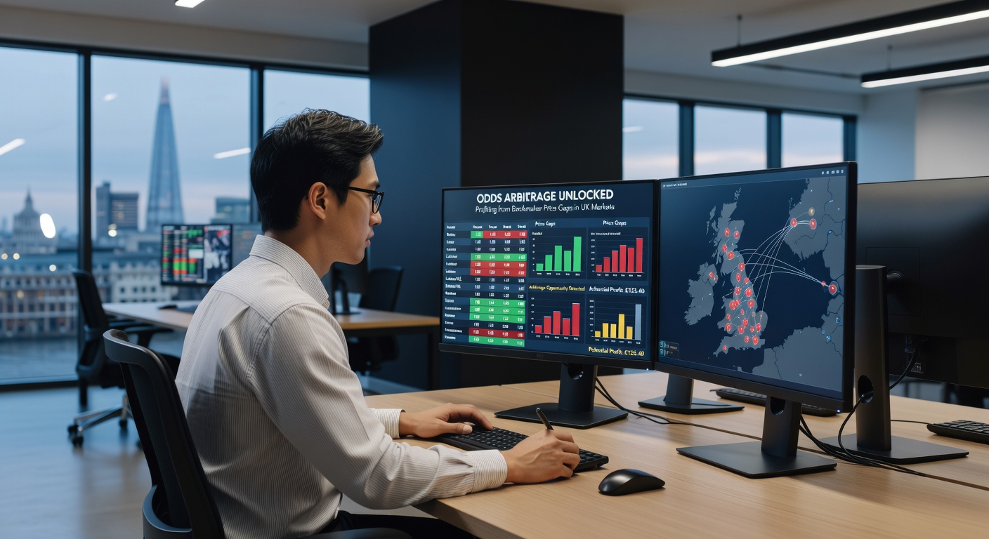 Close-up of a bettor's multi-monitor setup analyzing horse racing odds from UK bookmakers, with arbitrage calculator overlay showing profit percentages for a Cheltenham race
