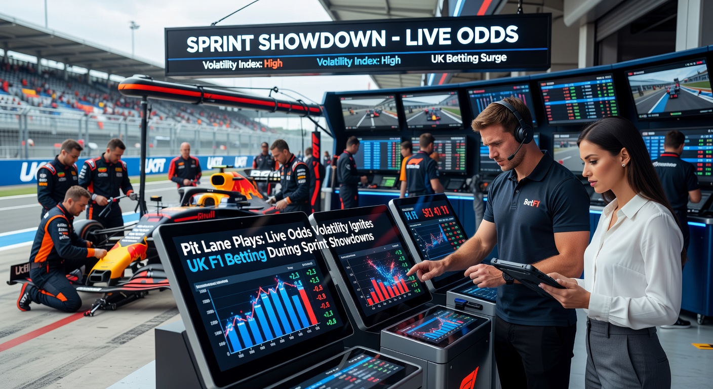 F1 cars speeding through the pit lane during a high-stakes sprint race, mechanics swarming in a blur of strategy and speed