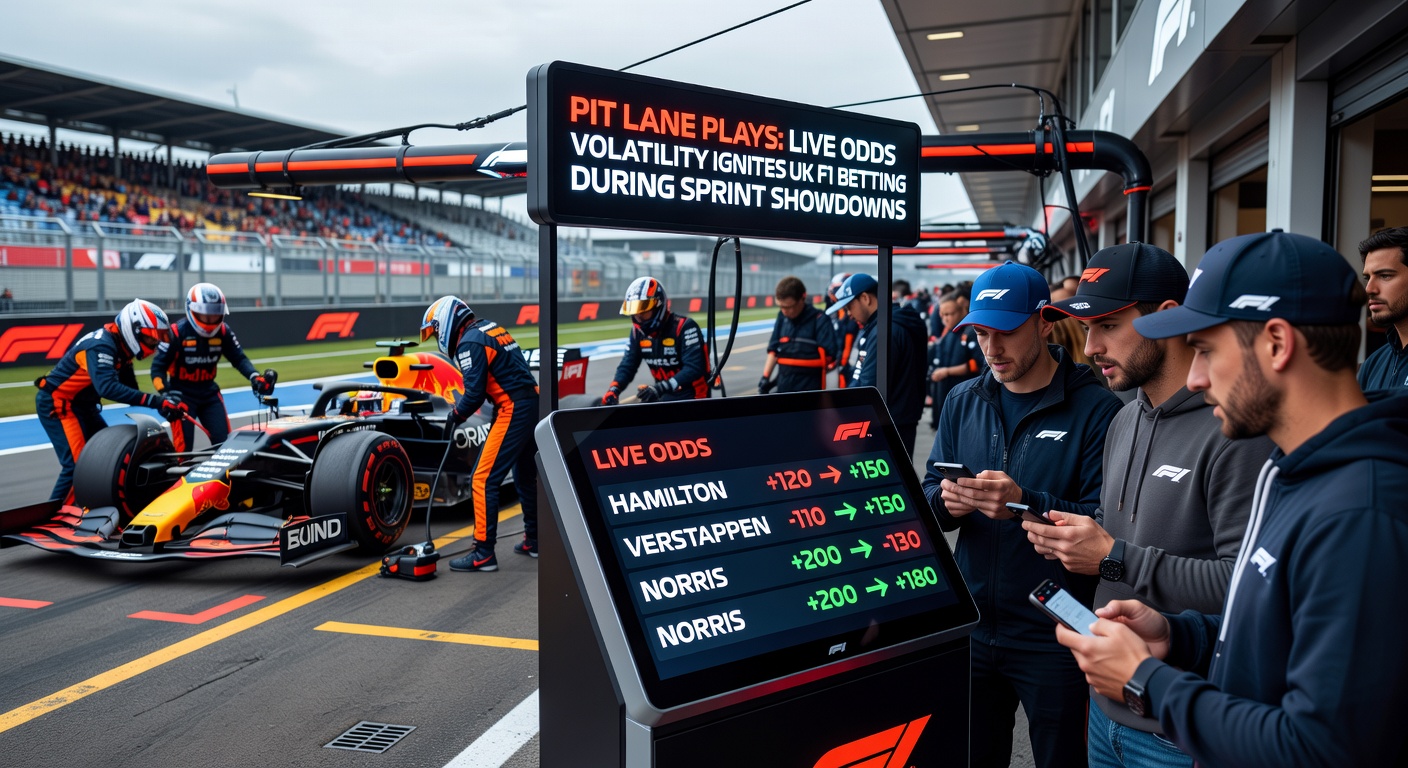 Dynamic screenshot of live betting odds screen during an F1 sprint, numbers fluctuating wildly amid pit stop action