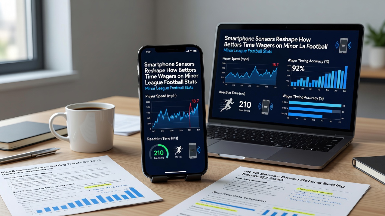 Bettors reviewing live sensor data on smartphones during a minor league football game