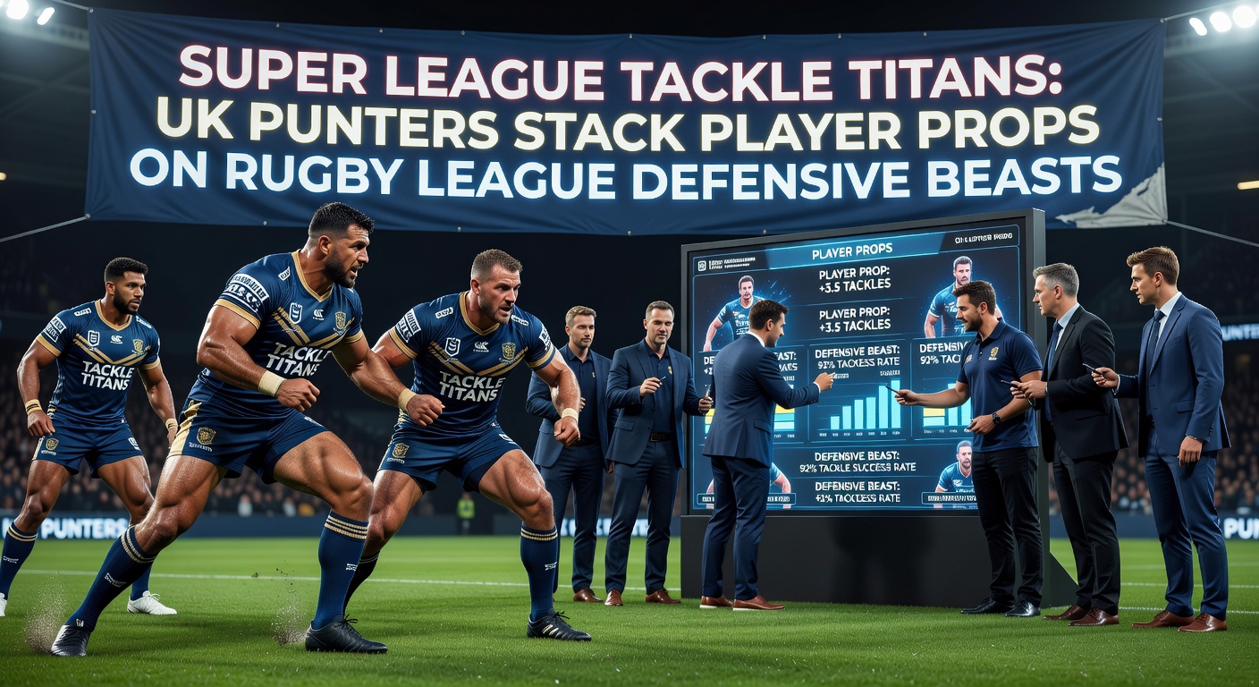 Intense Rugby League tackle during a Super League match, highlighting defensive prowess