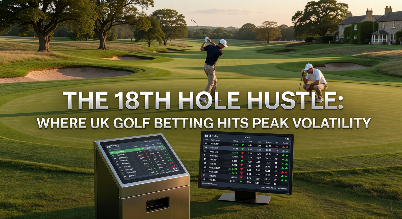 Dramatic view of a golfer on the 18th hole green at sunset, with bookmakers' odds overlay flickering in the foreground, capturing the tension of live UK golf betting