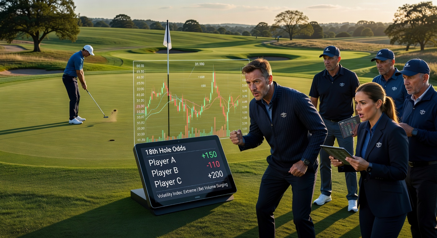 Close-up of a tense putt on the 18th green during a major tournament, odds board in the background showing live fluctuations, evoking the high-stakes UK betting atmosphere