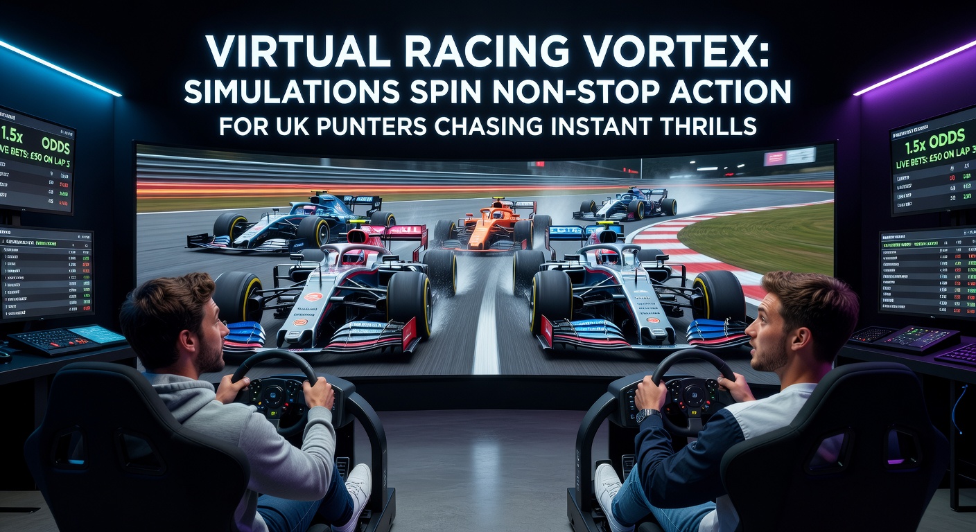 Dynamic simulation of a virtual horse race with horses charging down a digital track under bright lights, bettors screens glowing in the background