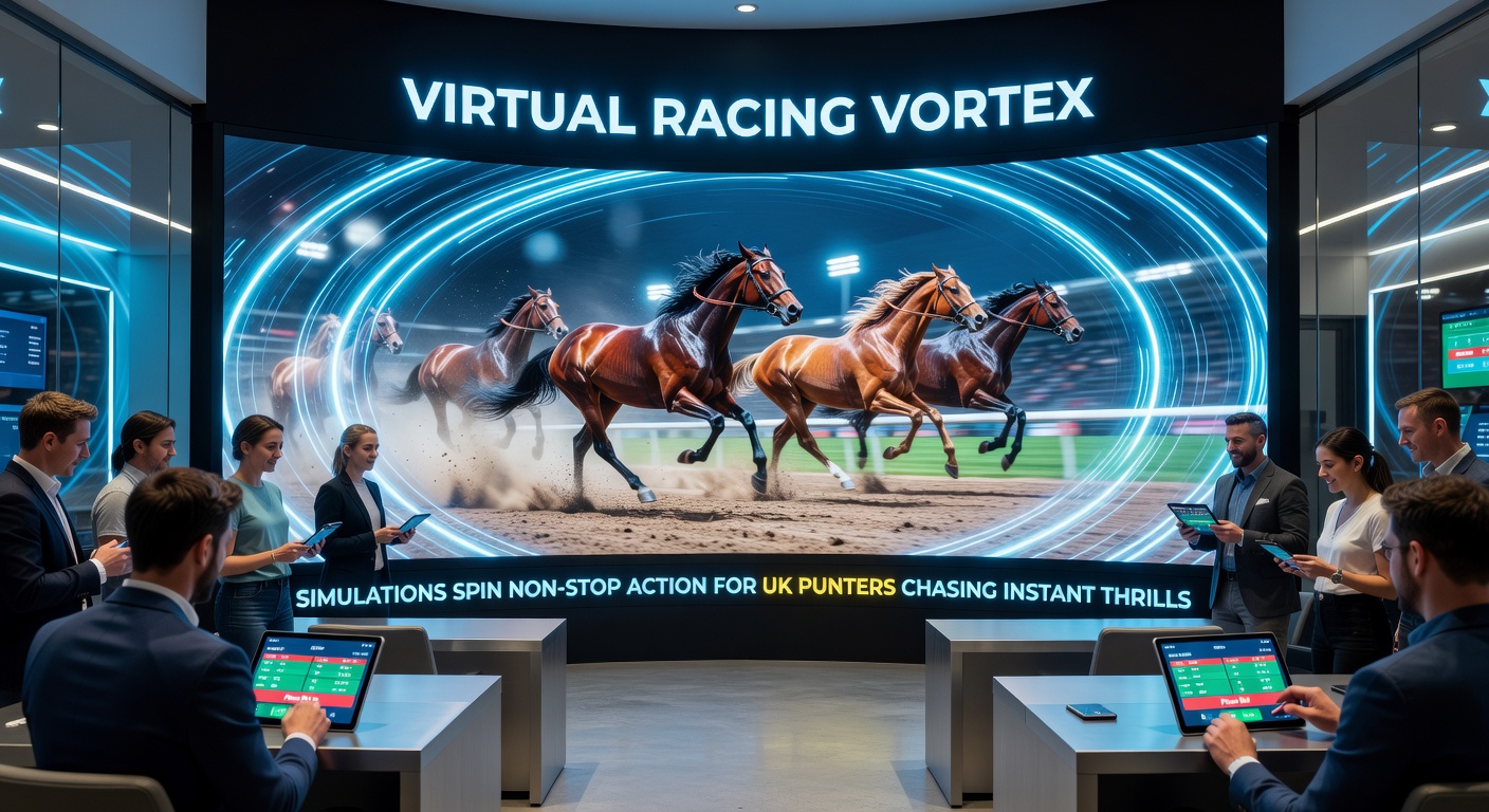 Close-up of a virtual greyhound race in progress, digital dogs blurring around a track with odds overlays and betting slips on screen