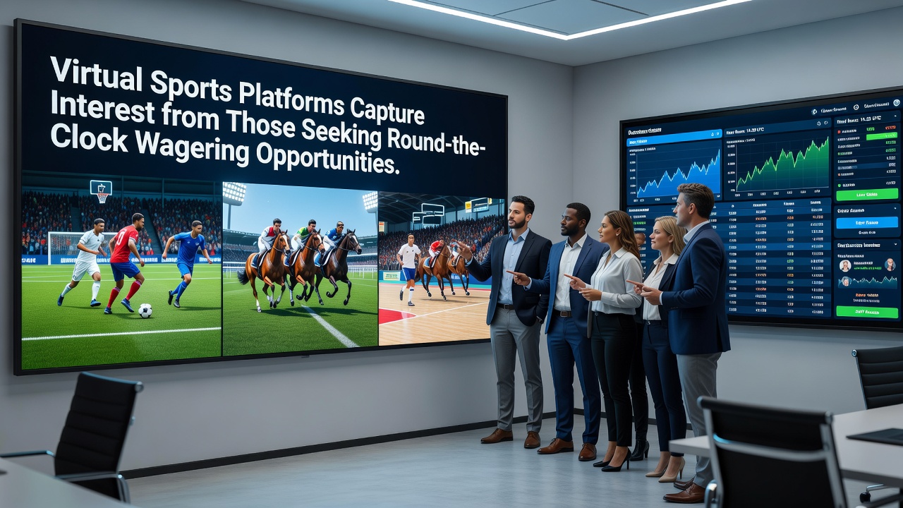 Multiple virtual sports terminals in a modern betting lounge with players engaged in different simulated events