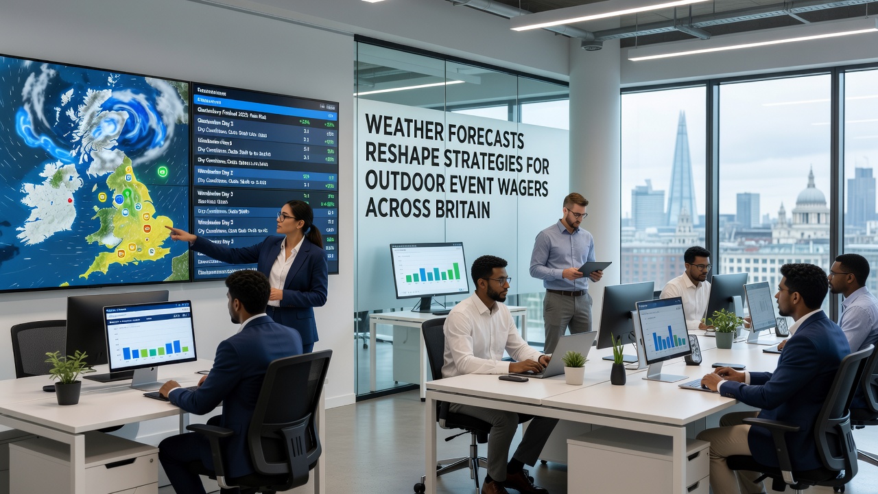 Bettors reviewing updated forecasts on tablets during a live outdoor racing event