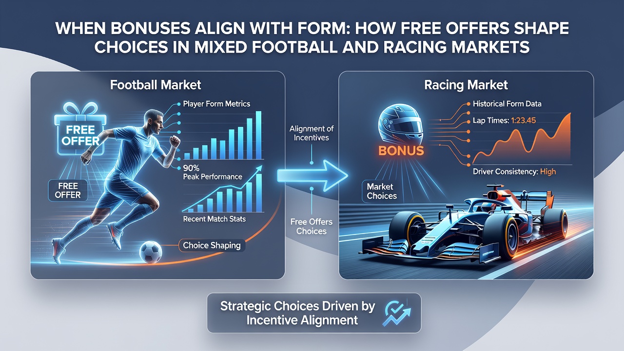 Split screen display showing live football match statistics alongside horse racing form guides with active bonus indicators on an online betting interface