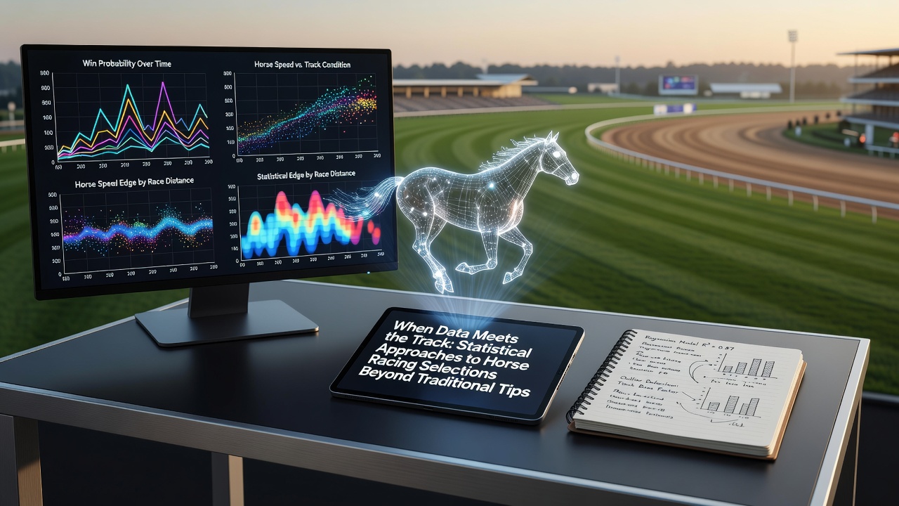 Analyst reviewing horse racing pace and speed data on multiple screens in a modern office setting