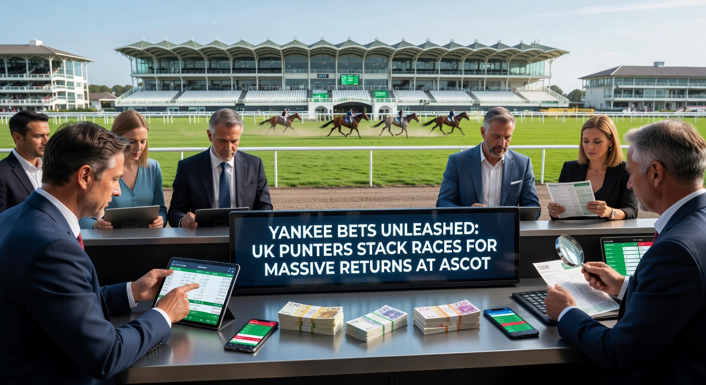 Thrilling scene of racehorses charging down Ascot track with punters in stands placing Yankee bets on mobile apps