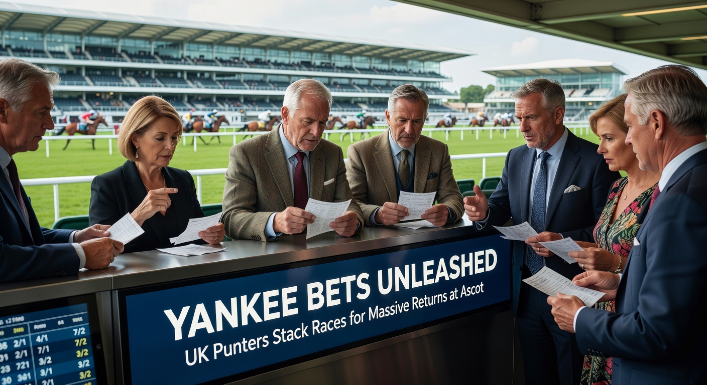 Close-up of Yankee bet slip on betting app during Ascot race, showing stacked selections from multiple races with rising odds